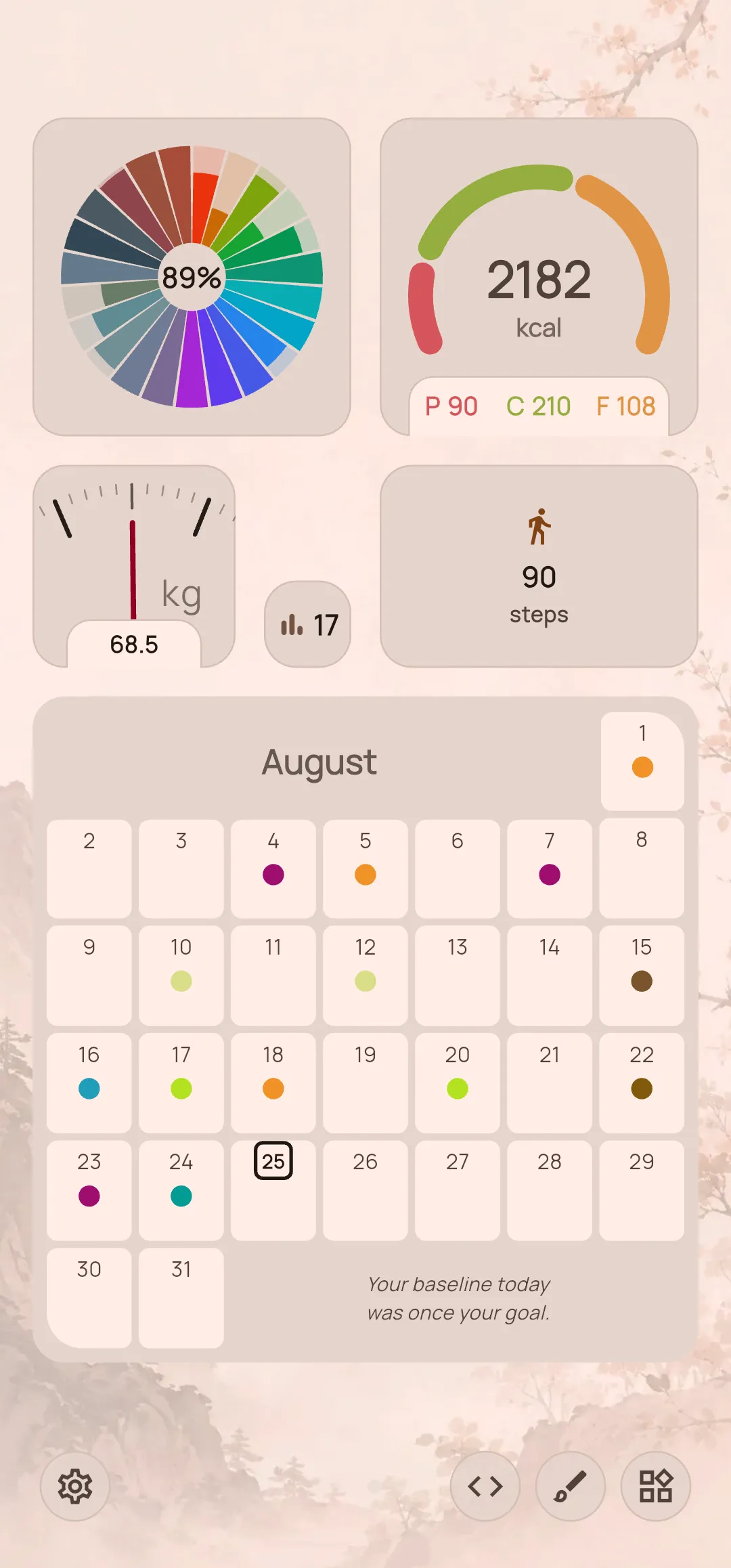 GymTea light home dashboard with nutrition, activity, weight, and calendar widgets over a subtle Zen background